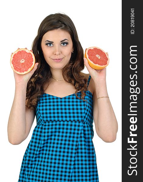 Young cute woman in blue dress with fresh fruit. Young cute woman in blue dress with fresh fruit