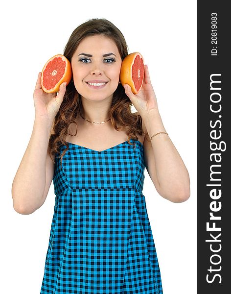 Young cute woman in blue dress with fresh fruit. Young cute woman in blue dress with fresh fruit