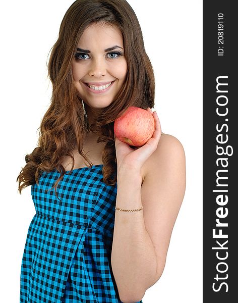 Young cute woman in blue dress with fresh apple. Young cute woman in blue dress with fresh apple