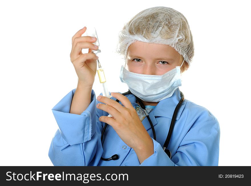 Young doctor with injection, isolated on a white background. Young doctor with injection, isolated on a white background