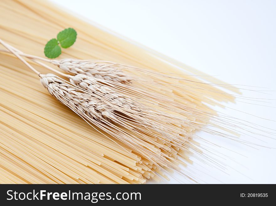 Ears of wheat and pasta, spaghetti,
on a white background