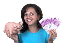 Woman With Piggy Bank And 500 Euro Stock Photo
