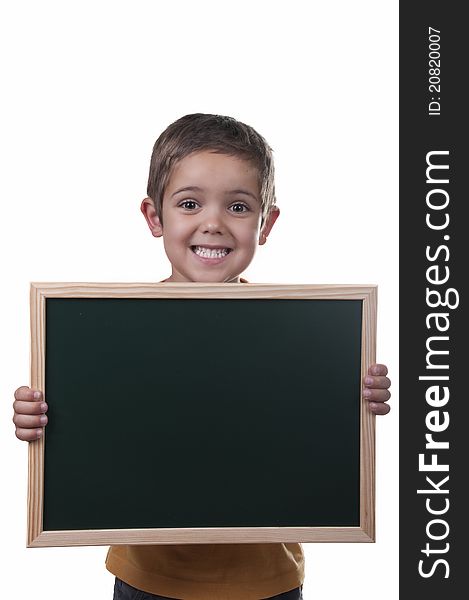 Boy holding a blackboard over white background