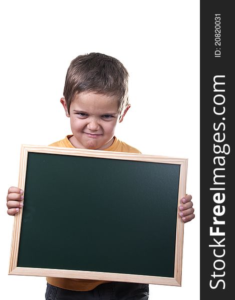 Boy holding a blackboard over white background