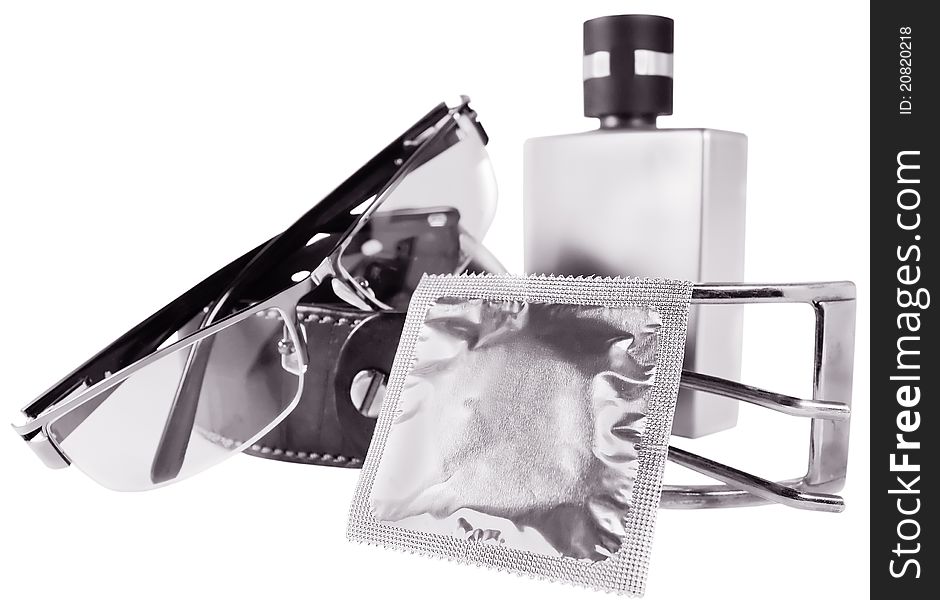Monochrome man accessories and condom isolated