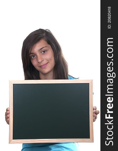 Teenage girl with blackboard on white background