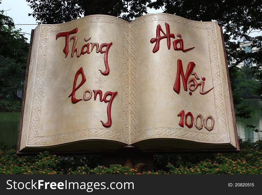 Ha Noi, Vietnam 1000 years old announcement sign next to Hoan Kiem Lake in the old part of Ha Noi. Ha Noi, Vietnam 1000 years old announcement sign next to Hoan Kiem Lake in the old part of Ha Noi