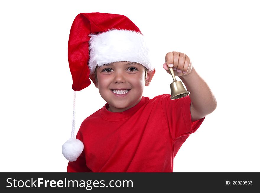 Adorable boy dressed as Santa Claus on white background