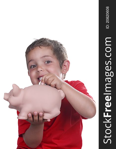 Child with piggy bank on white background