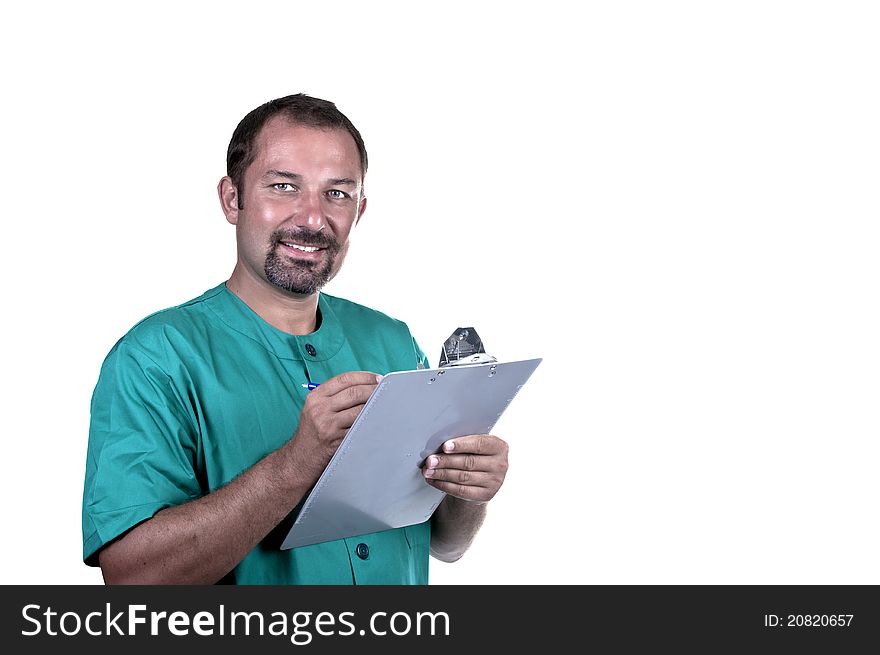 Surgeon making notes on white background