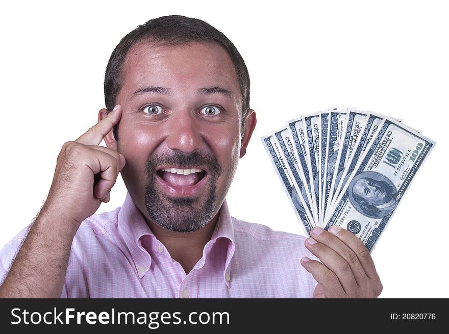 Smiling man with $ 100 bills on white background