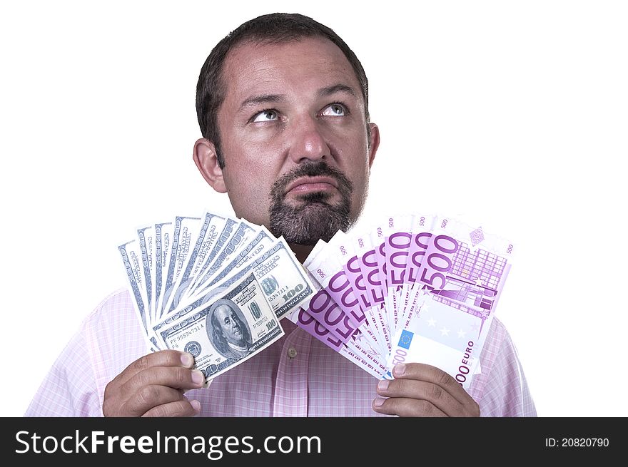 Man torn between dollars and euros on white background