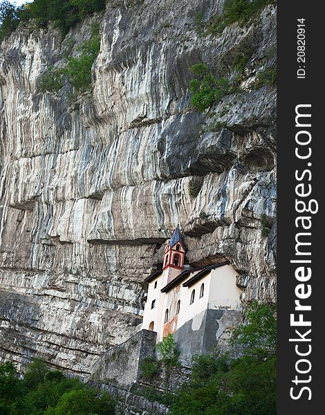 San Colombano hermitage in the North of Italy, Trentino A.A. region. It’s built over a overhanging rock of 120 meters. IX century