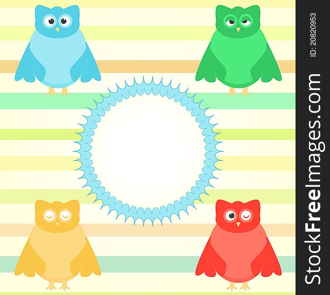 Cute owl cartoon set background with vintage circle. Cute owl cartoon set background with vintage circle