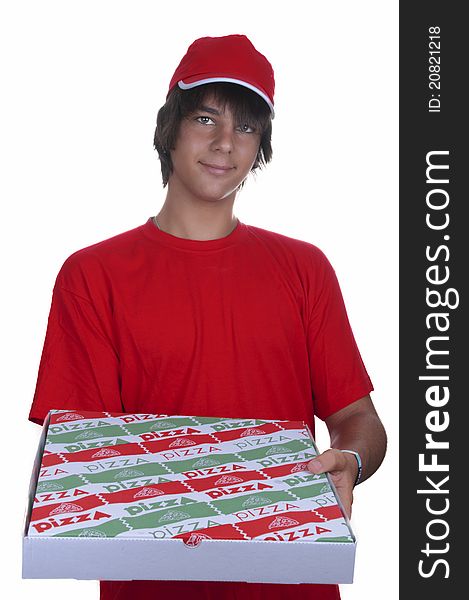 Pizza delivery boy on white background