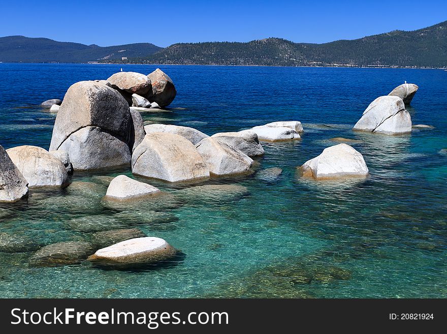 Lake tahoe rocky shore with clear water