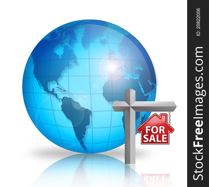 Digital illustration of For Sale sign in front of World. Digital illustration of For Sale sign in front of World