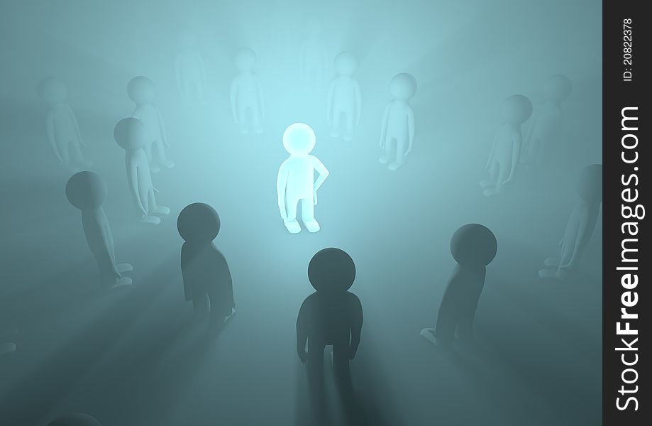 Render of a crowd with one glowing in the middle, symbolizing importance. Render of a crowd with one glowing in the middle, symbolizing importance