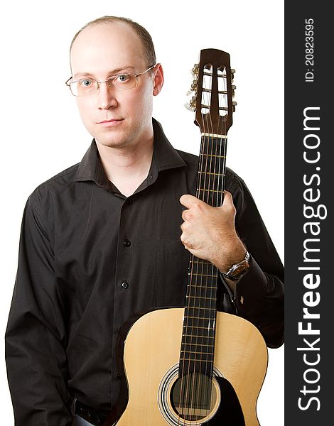 Man with glasses and a guitar on white background