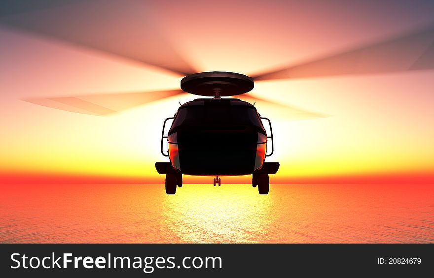 The helicopter and sunset sea