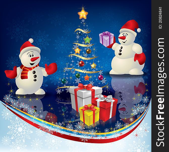 Abstract Christmas greeting with snowman and gifts