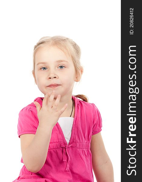 Beautiful girl eating chocolate bar on white background