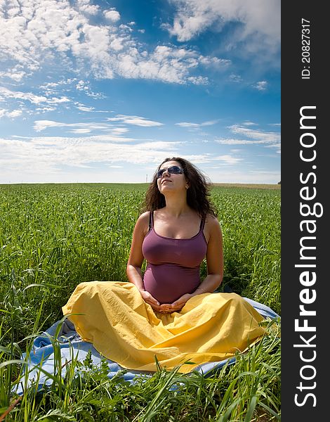 Pregnant woman on green grass field under blue sky