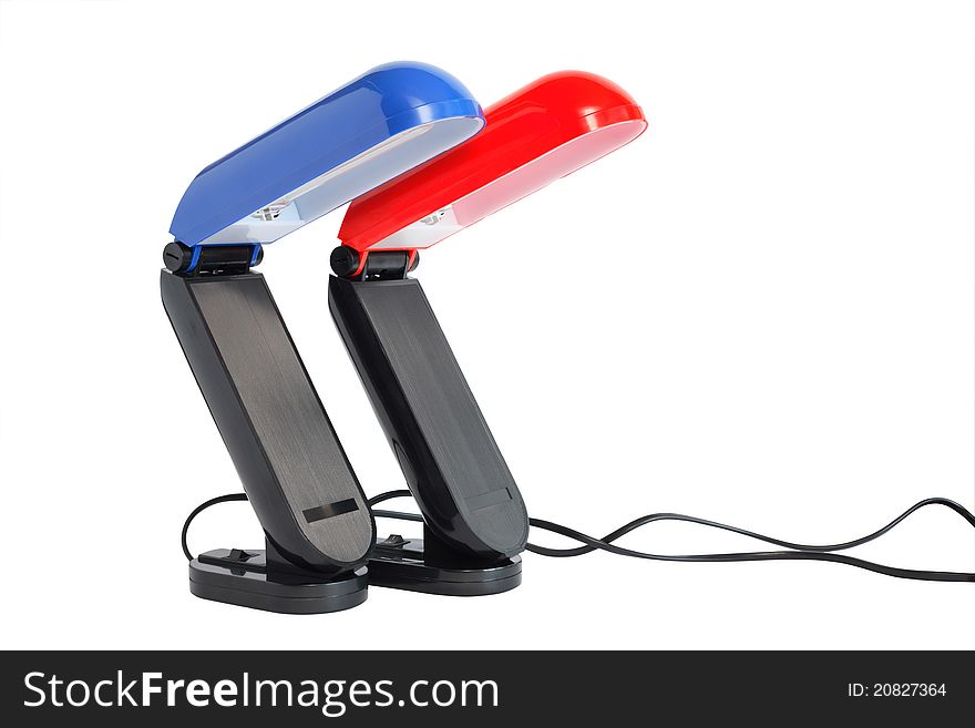 Blue and red desk lamps isolated on white background. Clipping path is included