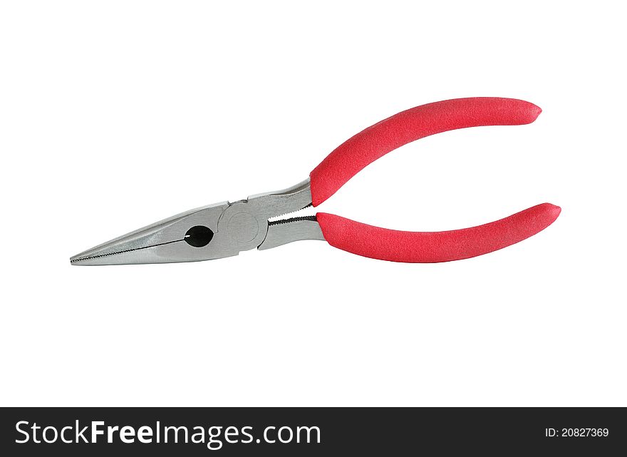 Ordinary pliers with red rubber handles on white background. Isolated with clipping path. Ordinary pliers with red rubber handles on white background. Isolated with clipping path