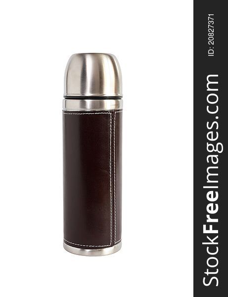 Modern steel thermos with leather armour. Isolated on white with clipping path. Modern steel thermos with leather armour. Isolated on white with clipping path