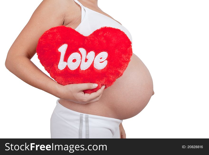 Pregnant Woman Hold Red Hart With Love In Hands