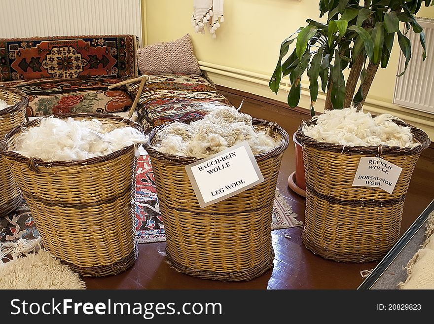 Full basket of wool to the making carpet.