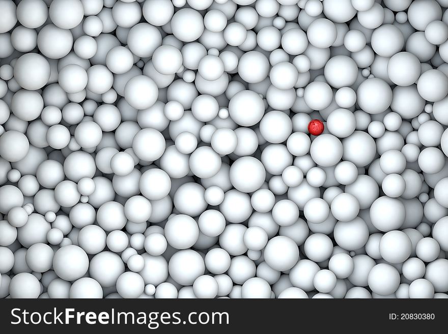 High quality rendering of single red pearl under thousand white marbles. High quality rendering of single red pearl under thousand white marbles