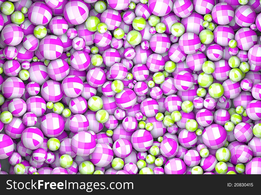 High quality rendering of abstract textured balls in neon pink and green