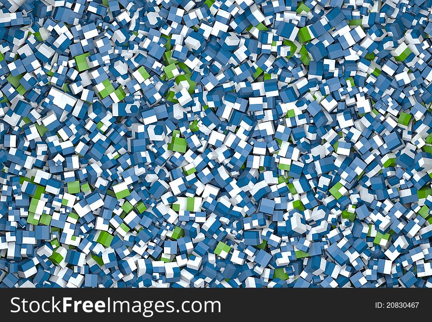 High quality rendering of one thousand cubes in green and blue. High quality rendering of one thousand cubes in green and blue