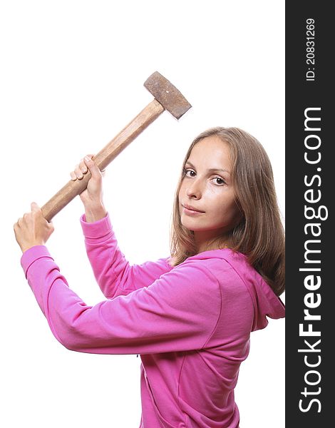 Woman with hammer, isolated on white