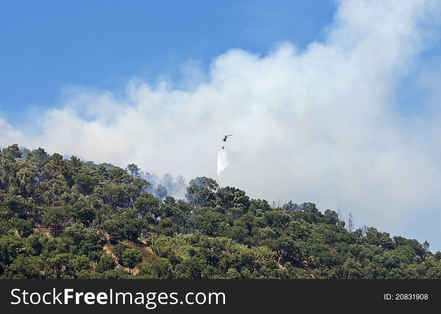 Helicopter working in extinguishing forest fire, using water, on the mountain. Helicopter working in extinguishing forest fire, using water, on the mountain