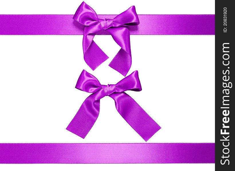 Multiple violet horizontal ribbon with bow isolated on white