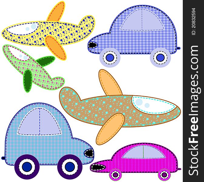 Application from a fabric in the form of cars and planes. Vector illustration