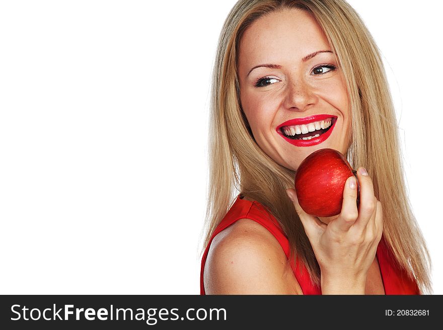 Woman eat red apple on white background. Woman eat red apple on white background