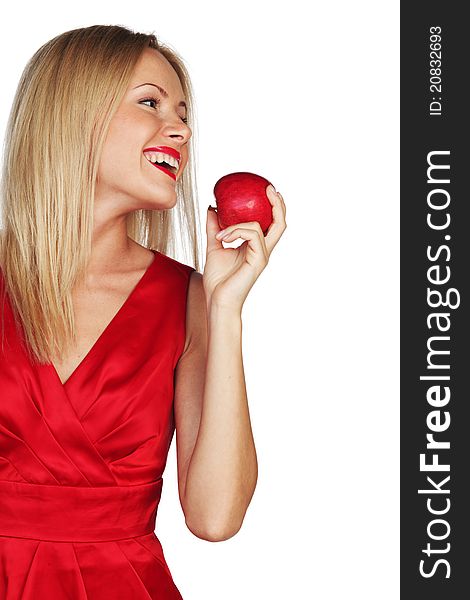 Woman eat red apple on white background. Woman eat red apple on white background