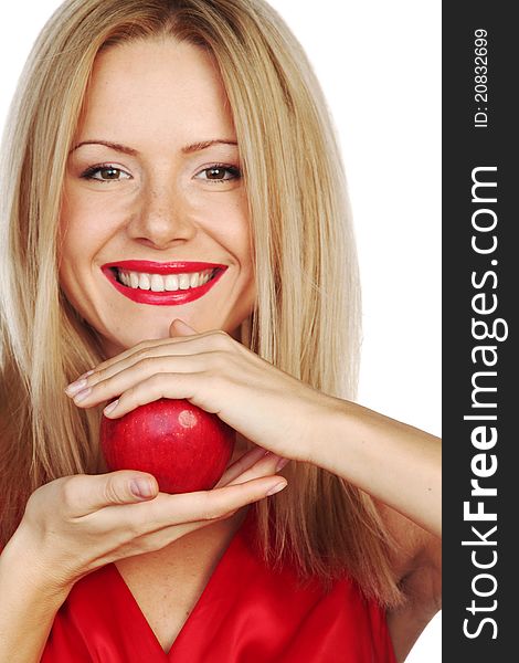 Woman eat red apple on white background. Woman eat red apple on white background