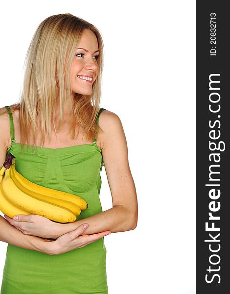 Woman holding a bunch of bananas on white background. Woman holding a bunch of bananas on white background