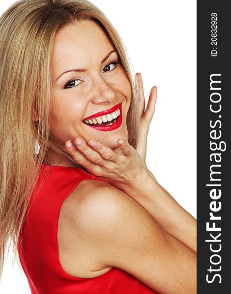 Woman in red isolated on white