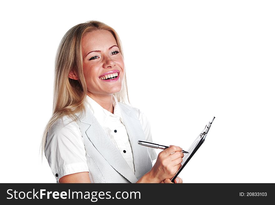 Business woman writing in notebook on a white background