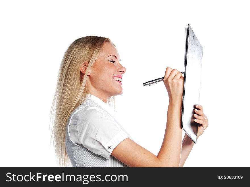 Business woman writing in notebook on a white background