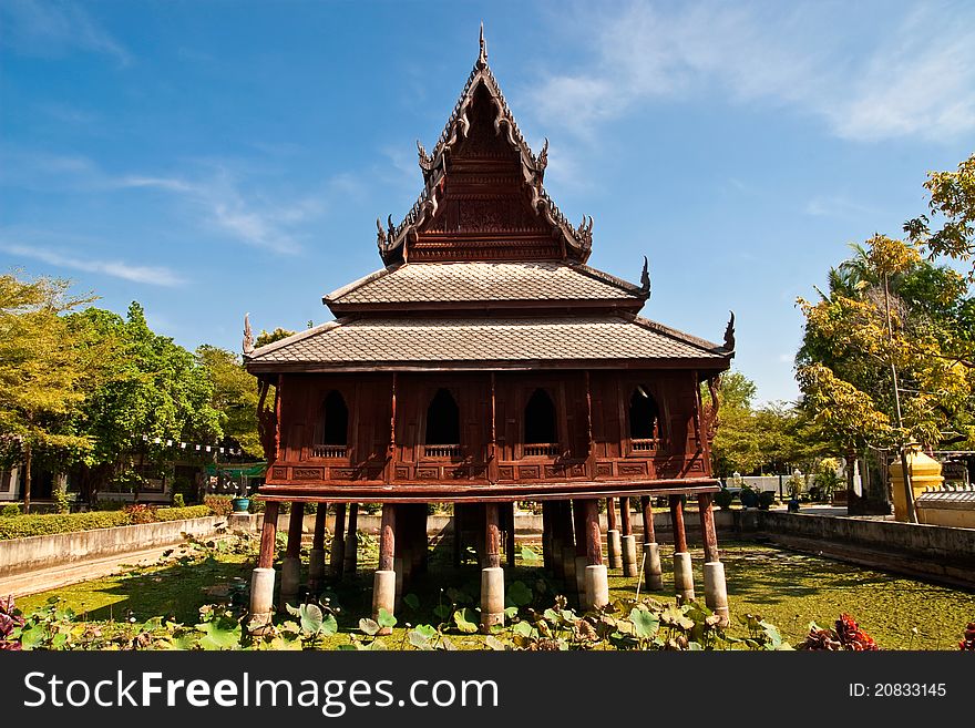 Wooden buddhist church in the lake