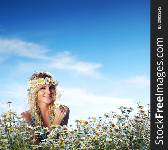 Girl On The Daisy Flowers Field