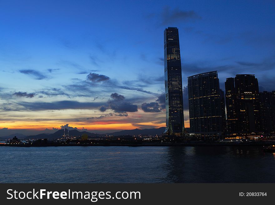 Hong Kong Commercial Building With Sunset