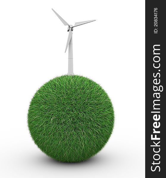 Sphere with grass and wind turbine - 3d render illustration